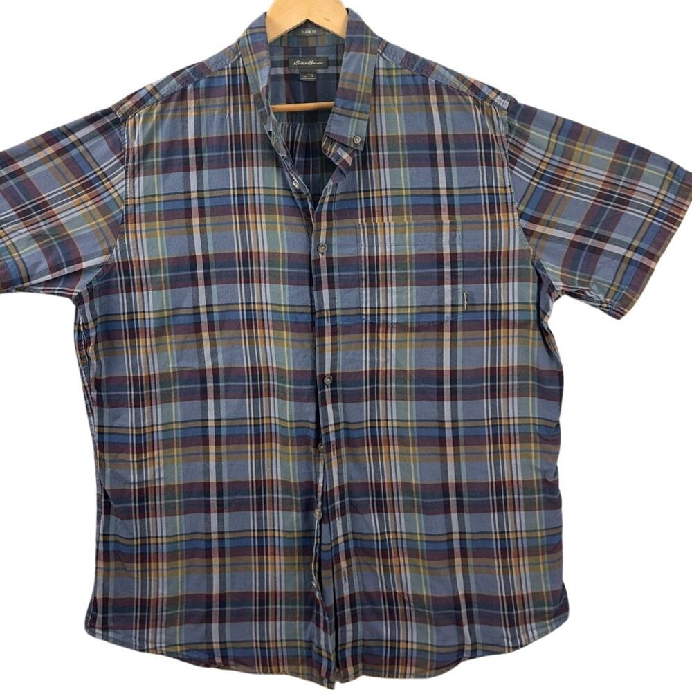 Eddie Bauer Men’s TXL Plaid Short Sleeve Button Down Shirt Classic Fit Blue